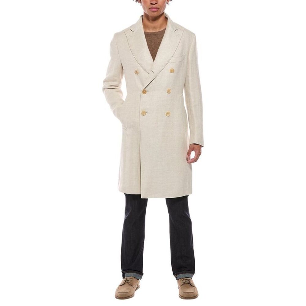Isaia Mens Ross Linen Overcoat, White